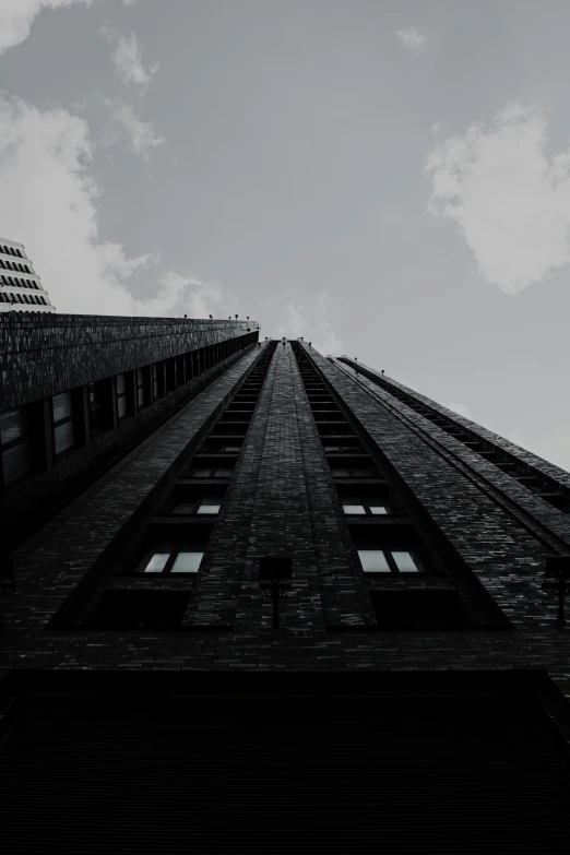 black and white pograph of an up side down building