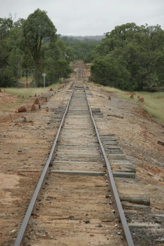 a railroad track runs alongside an empty field