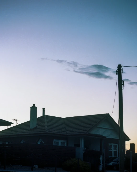 some people standing outside at dusk with a house in the background