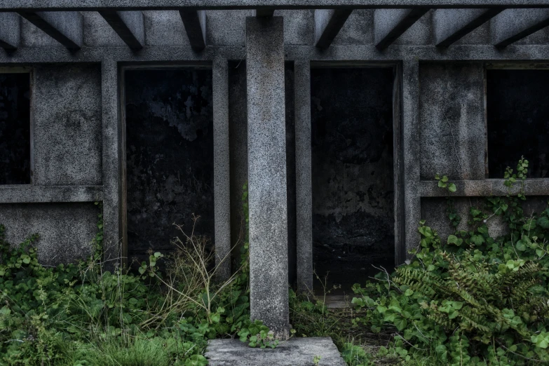 two pillars surrounded by overgrown bushes and weeds