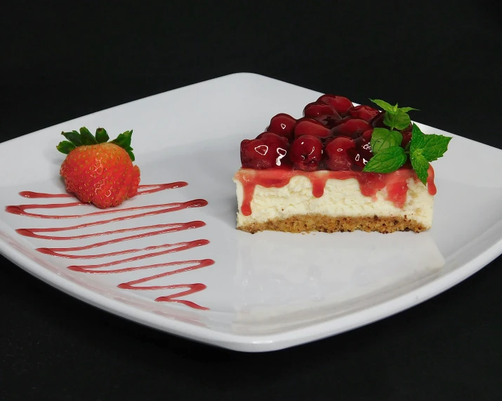 two desserts on a white plate have berries on top