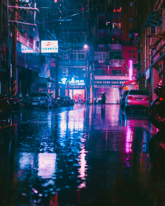 a couple of people with umbrellas are on a city street