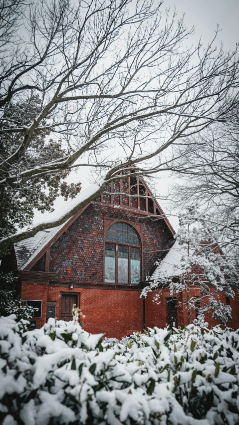 a snow covered building sitting next to a tree