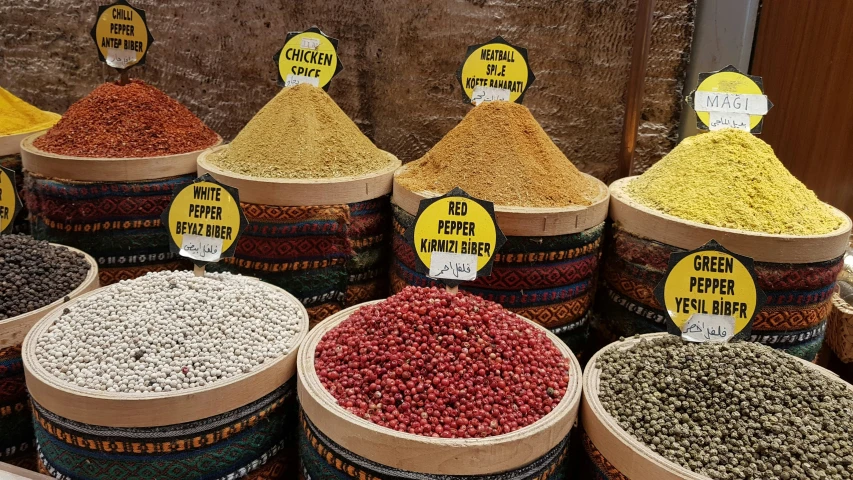 baskets filled with lots of different kinds of grains