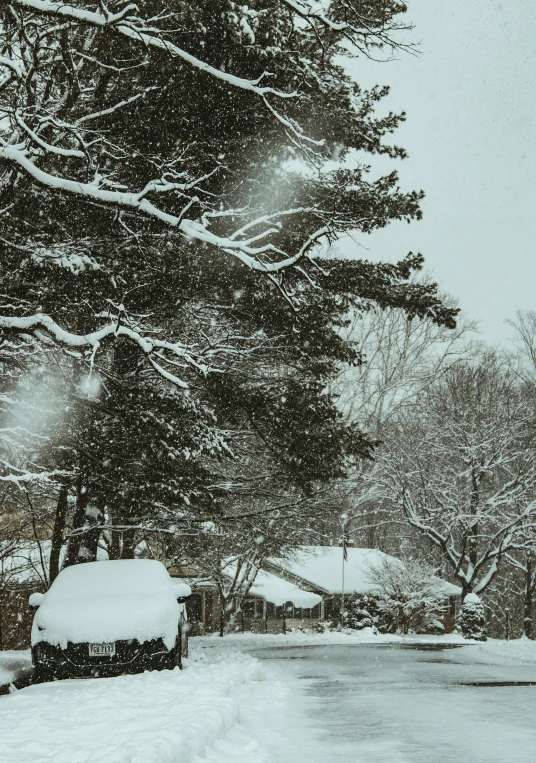 a street covered in snow with houses next to it