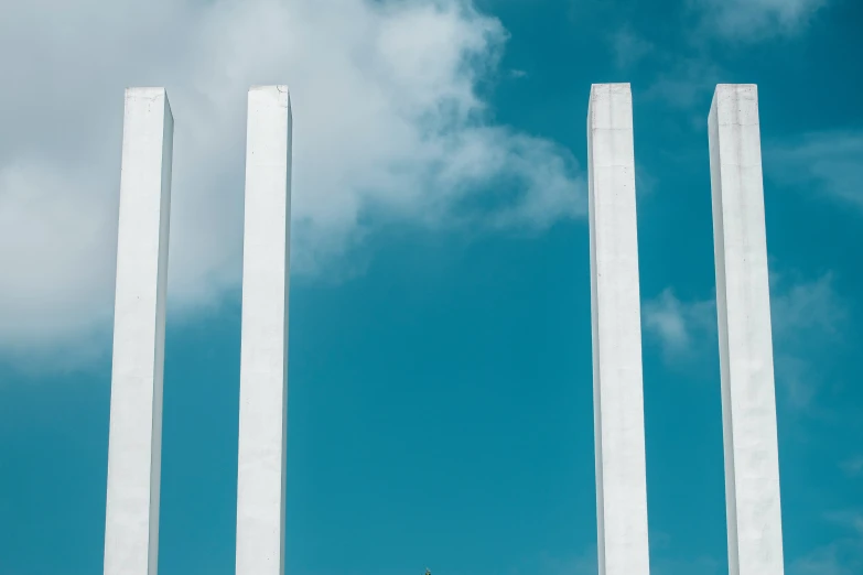 two birds standing in the middle of three tall poles