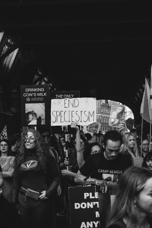 a large group of people with signs and banners