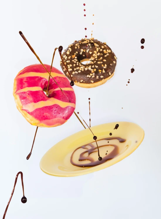 some different types of donuts on plates that are shaped like donuts