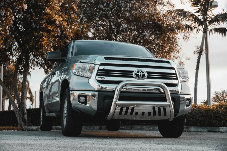 a silver toyota truck parked in front of trees