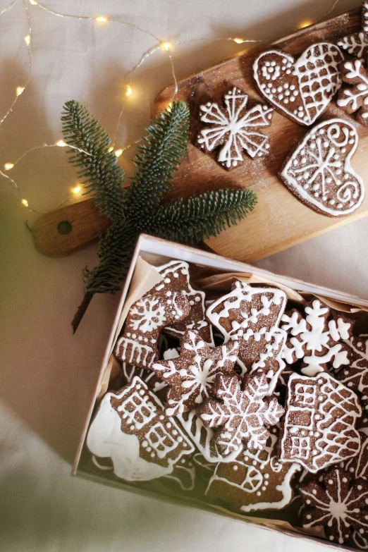 several cookies with a pine tree and lights around them