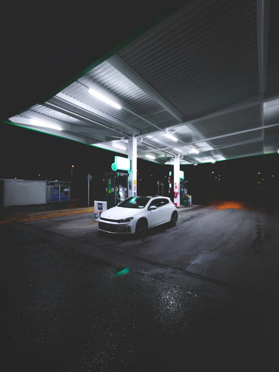 white car parked at gas station with no gas