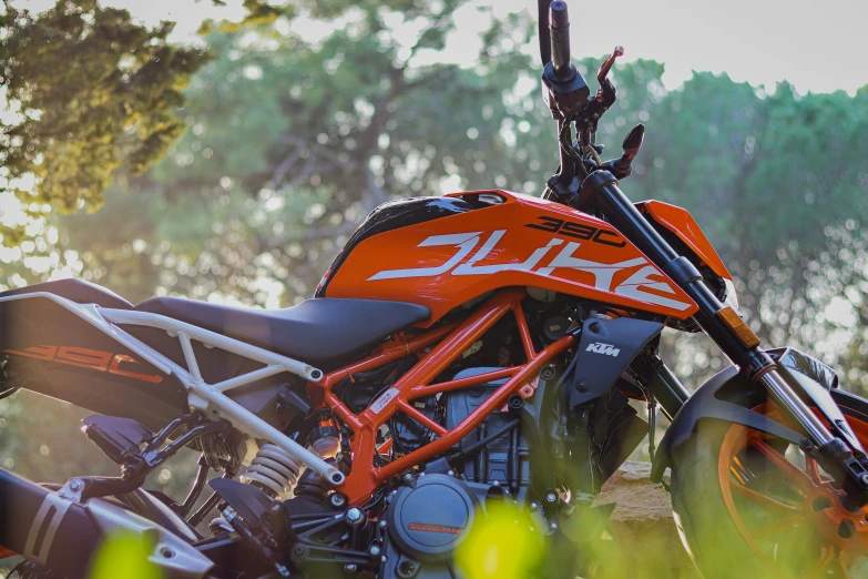 a motorcycle is parked near some trees on the grass