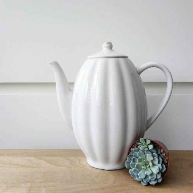 a porcelain teapot is sitting on a table next to some succulents