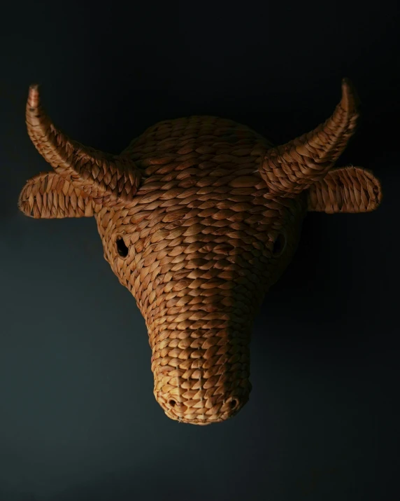 a brown animal's head made from straw is hanging on the wall