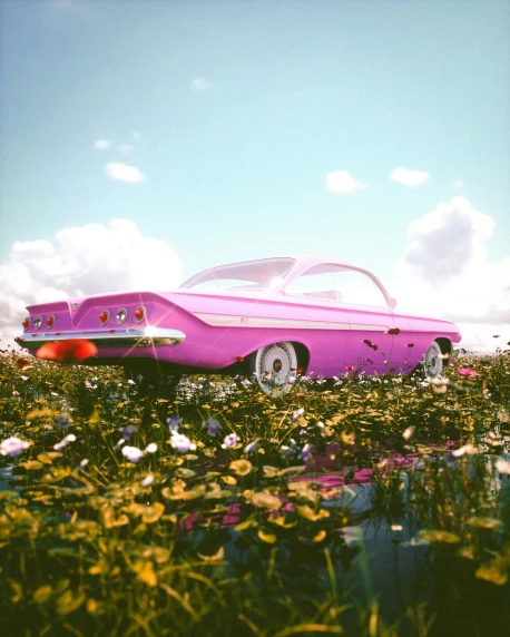 a pink car parked in a field with flowers