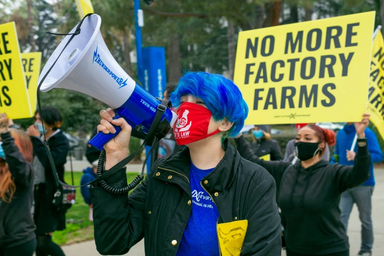 a woman with blue hair wearing a red and blue mask holding a yellow and blue megaphone while speaking into a microphone