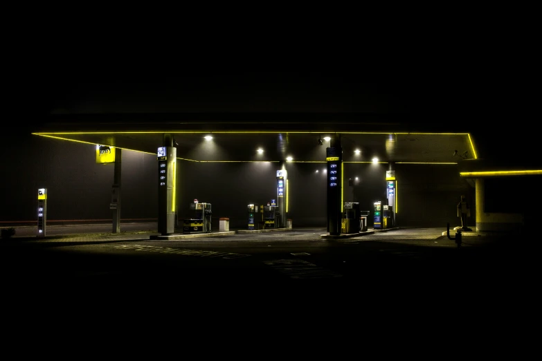 an empty gas station at night with no people in the area