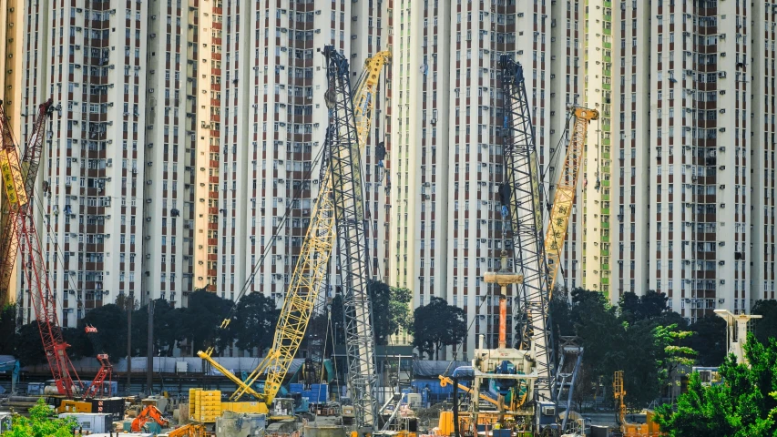 many construction cranes in front of tall buildings