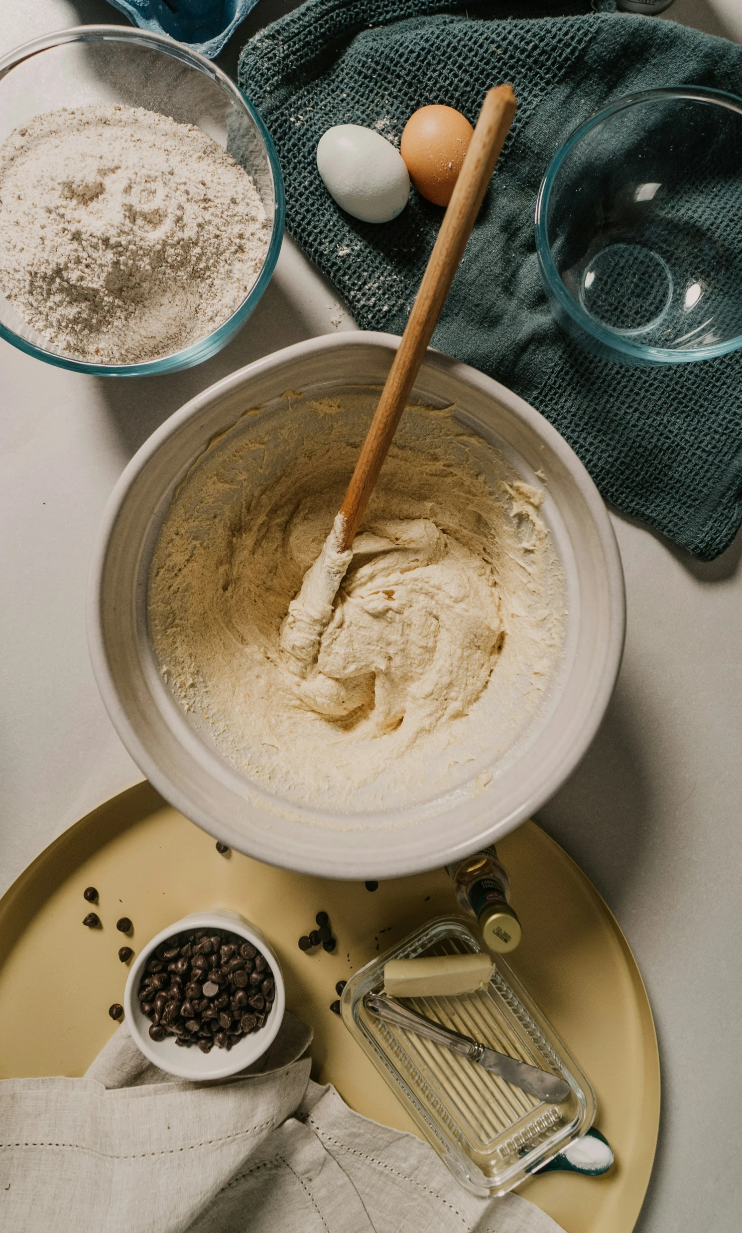 bowls containing different food, including flour and eggs