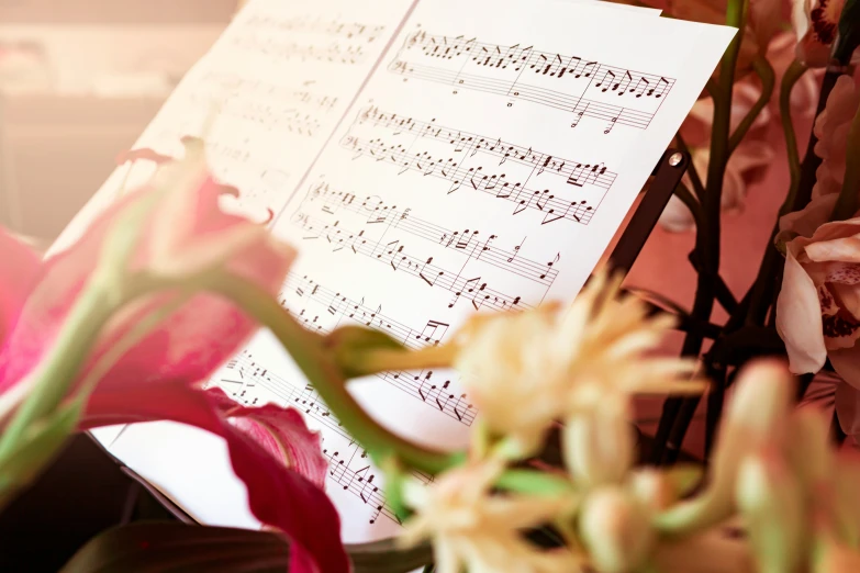 sheet music sitting on top of flowers in front of a microphone