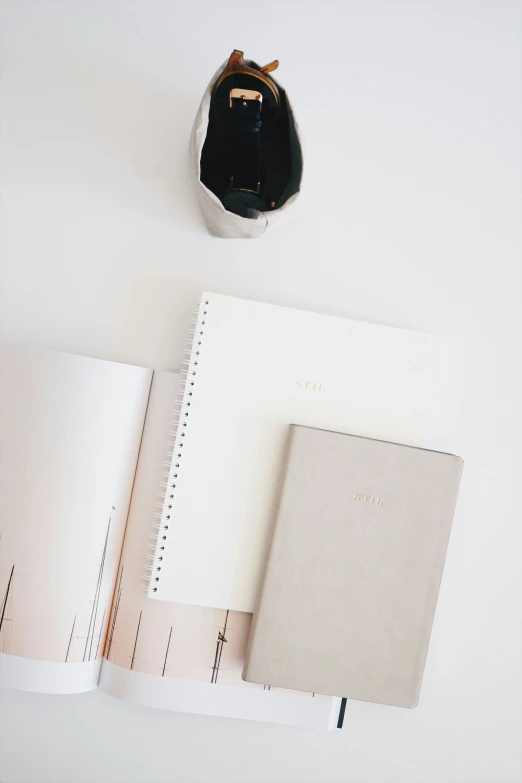 the contents of a notebook with leather bags in the background