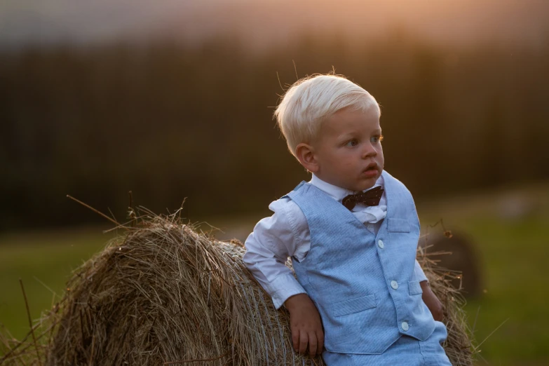 a  dressed in blue stands by a bail of hay