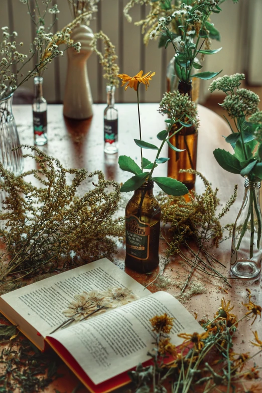 a book with flowers sitting next to a vase and bottles