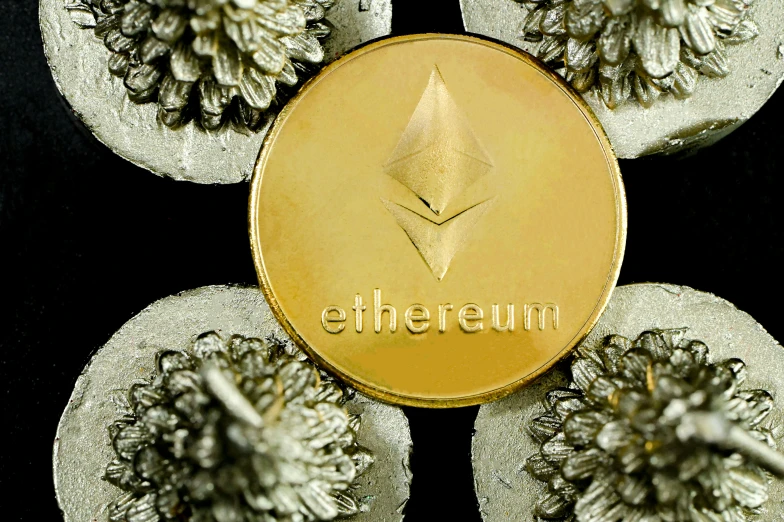 ether coin sitting on top of some flowers