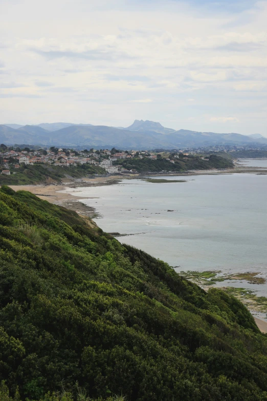 an ocean with hills and houses on the far side