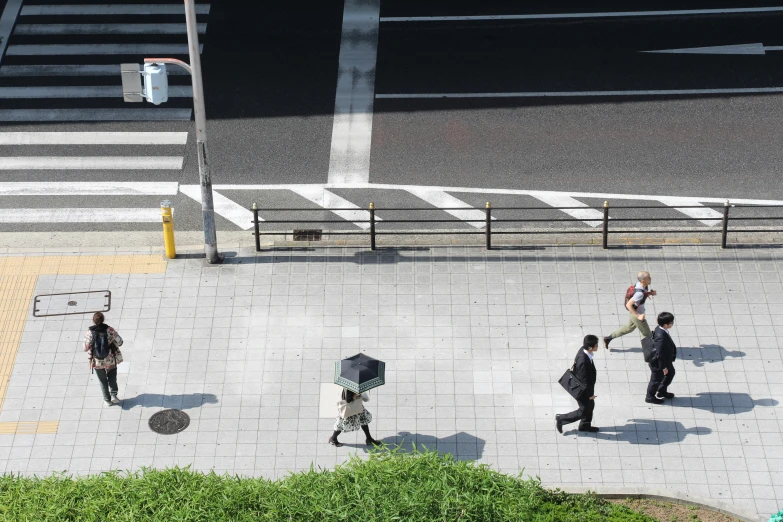 a view from above of people walking on the street