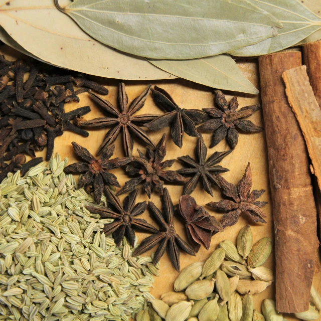 a bunch of spices and herbs laid out on top of a table