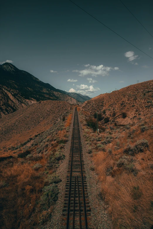 an open dirt and land area with train tracks