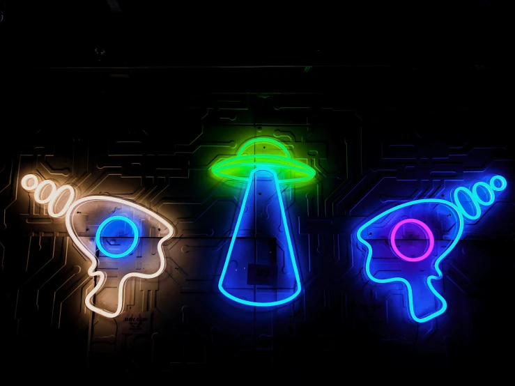 a neon light display with various neon items