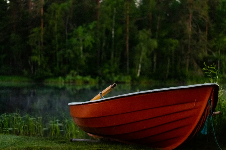 a red boat is docked in the grass by the water