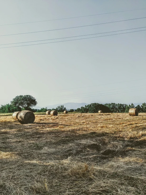 hay bales are stacked in an open field