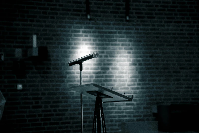 a microphone is seen against a brick wall