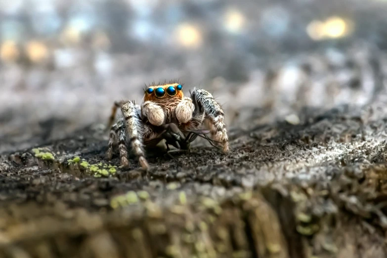 a jumping spider with blue eyes looking up at the camera