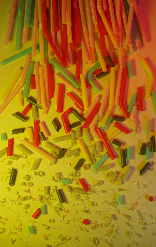 colorful plastic objects on a yellow background