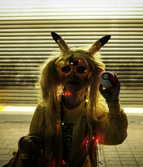 a girl is dressed in an animal costume and has some bright light on