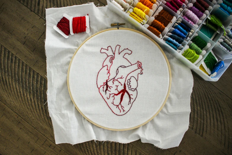 a picture of a heart on a table with an embroidered thread and many spools of thread