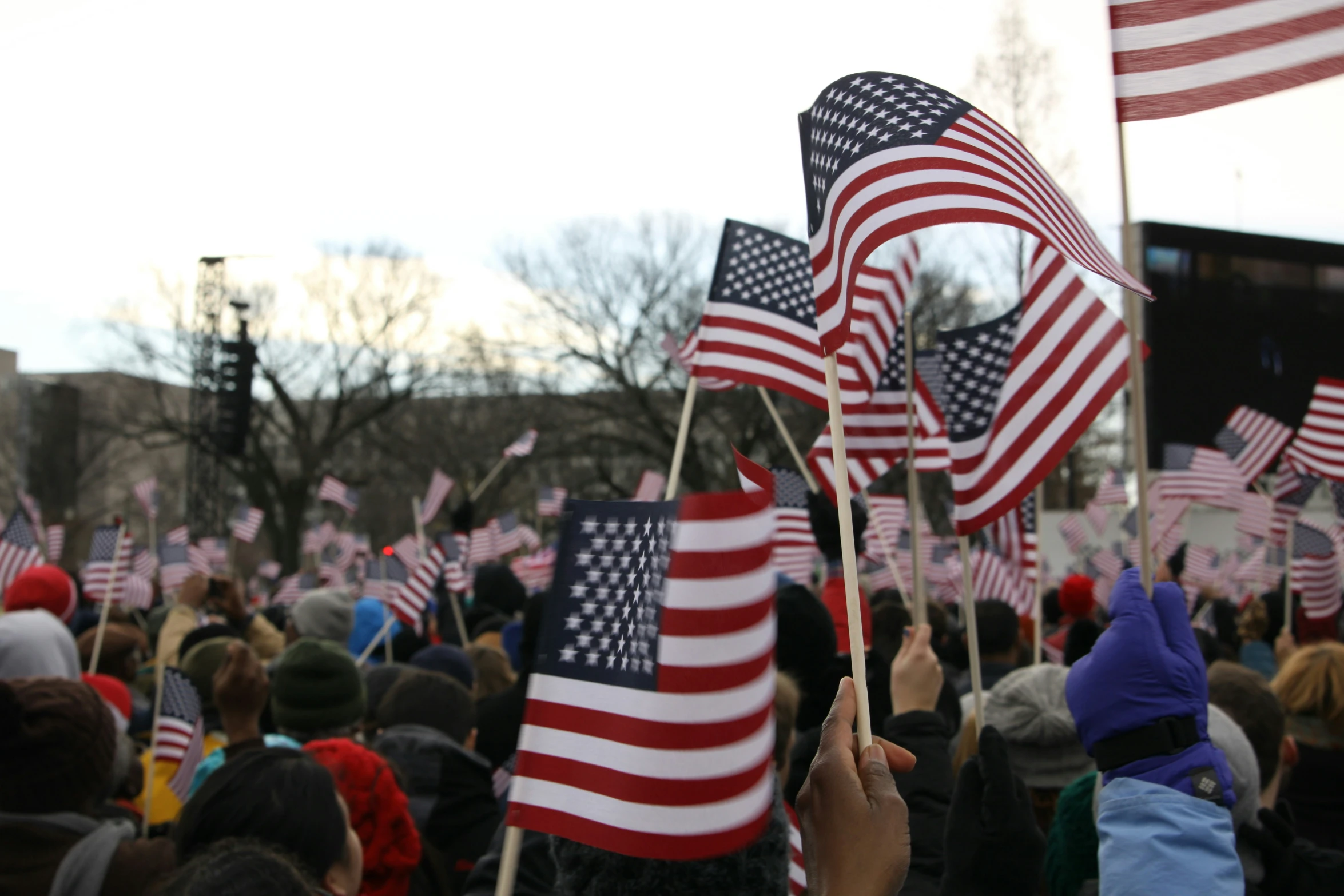 people are holding flags in an outdoor setting