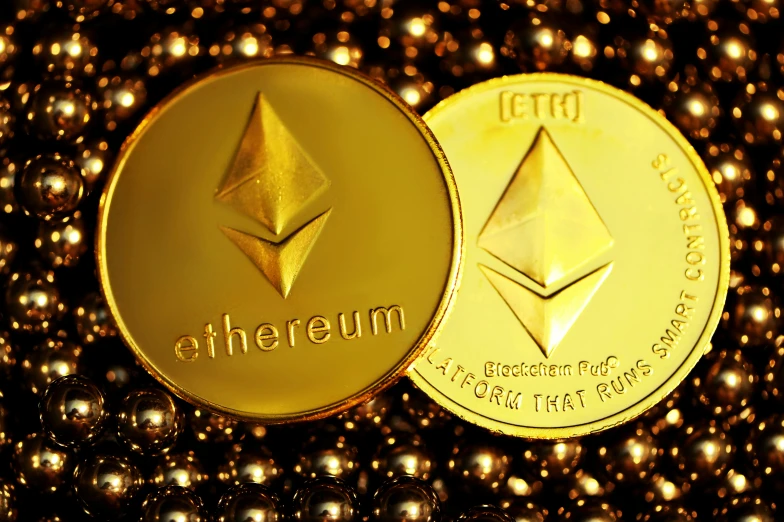 an ether coin surrounded by shiny gold balls