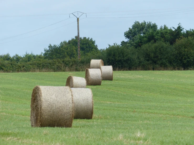 three hay bales sit in the middle of a field