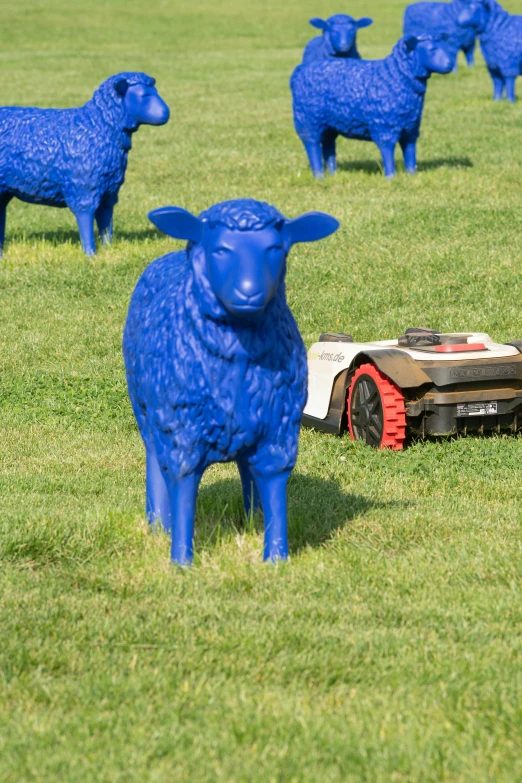 a collection of blue sheep standing in a grassy field