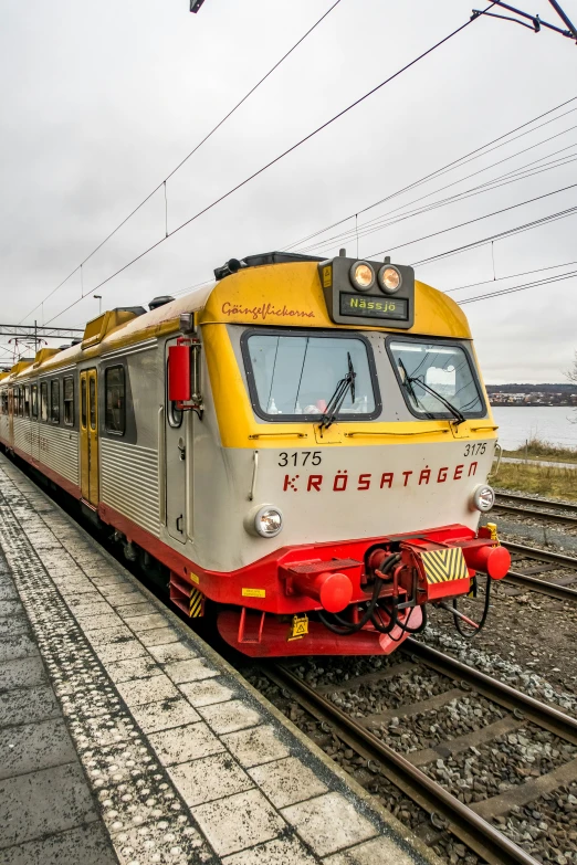 an electric train on the track near a body of water