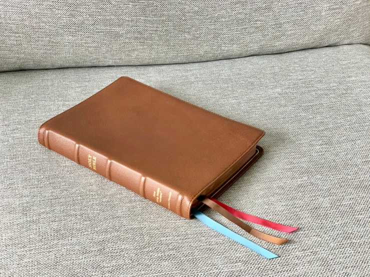 an empty brown book with a pair of colorful straps is laying on a white couch