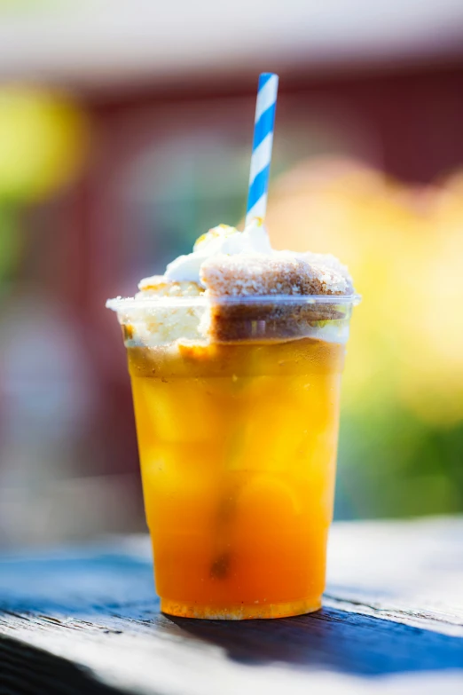 a iced cup with a straw is sitting on a table