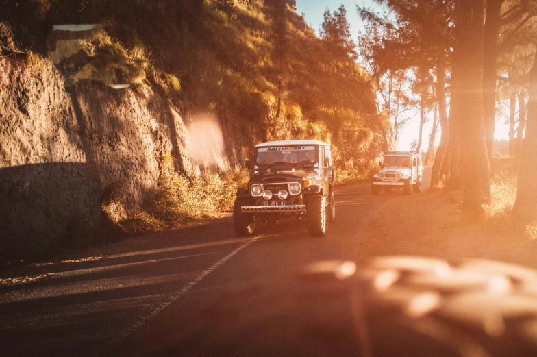 a car driving down a rural road near trees