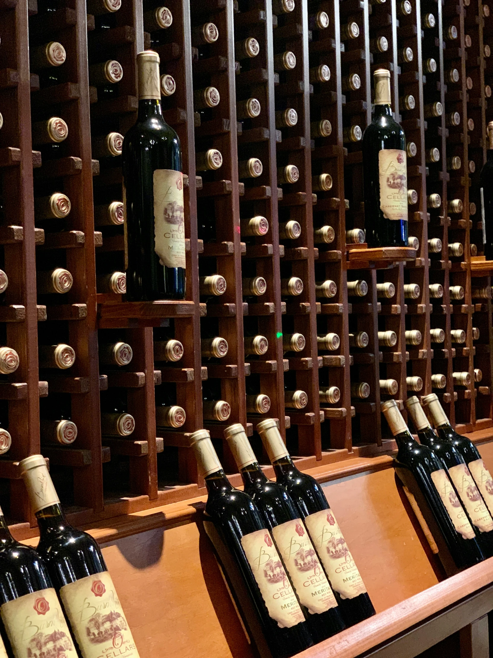 wine bottles sit on display in front of a wooden wall