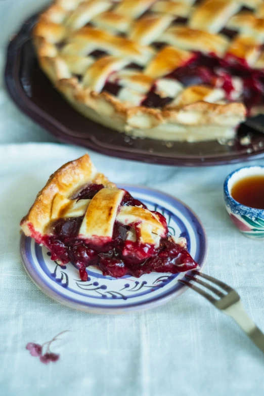 a piece of pie on a plate sitting next to a serving dish